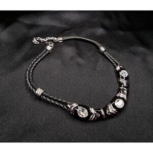 Vintage Nolan Miller Black Braided Double Strand Necklace With Rhinestone Accent